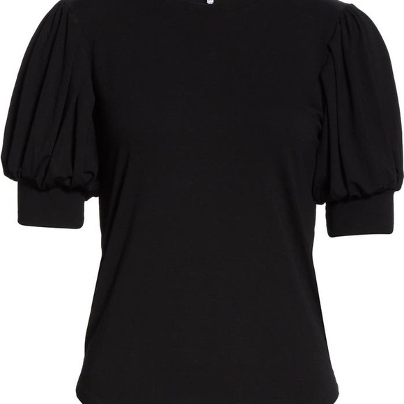 Frame Puff Sleeve Stretch Knit Top Women’s Large Black Jewel Neck Elbow Sleeves - Picture 4 of 10